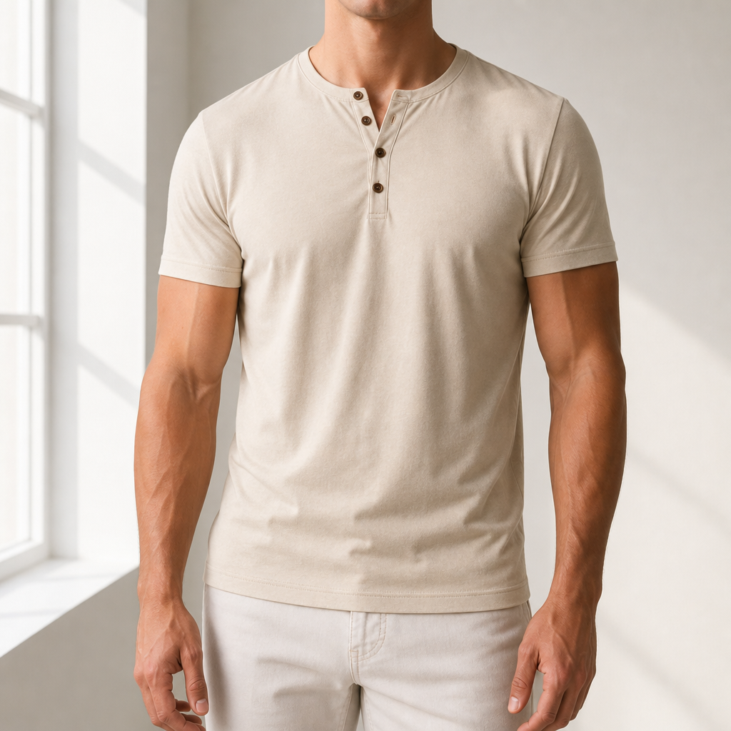 Obidos Slim Fit Henley Tee in Beige