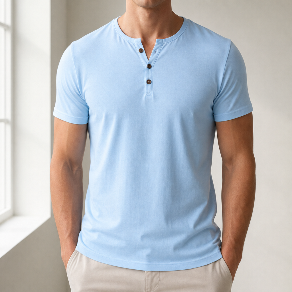 Obidos Slim Fit Henley Tee in Light Blue