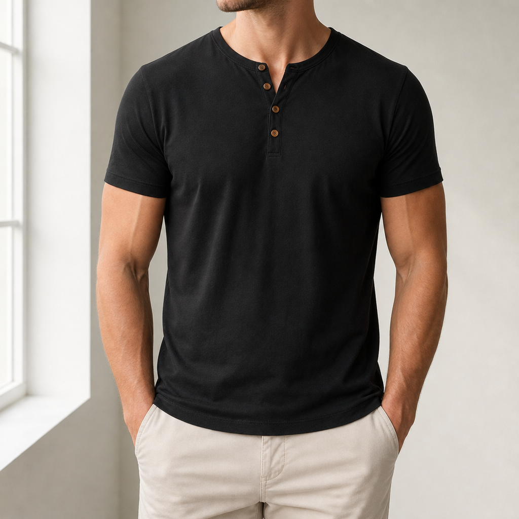 Obidos Slim Fit Henley Tee in Black