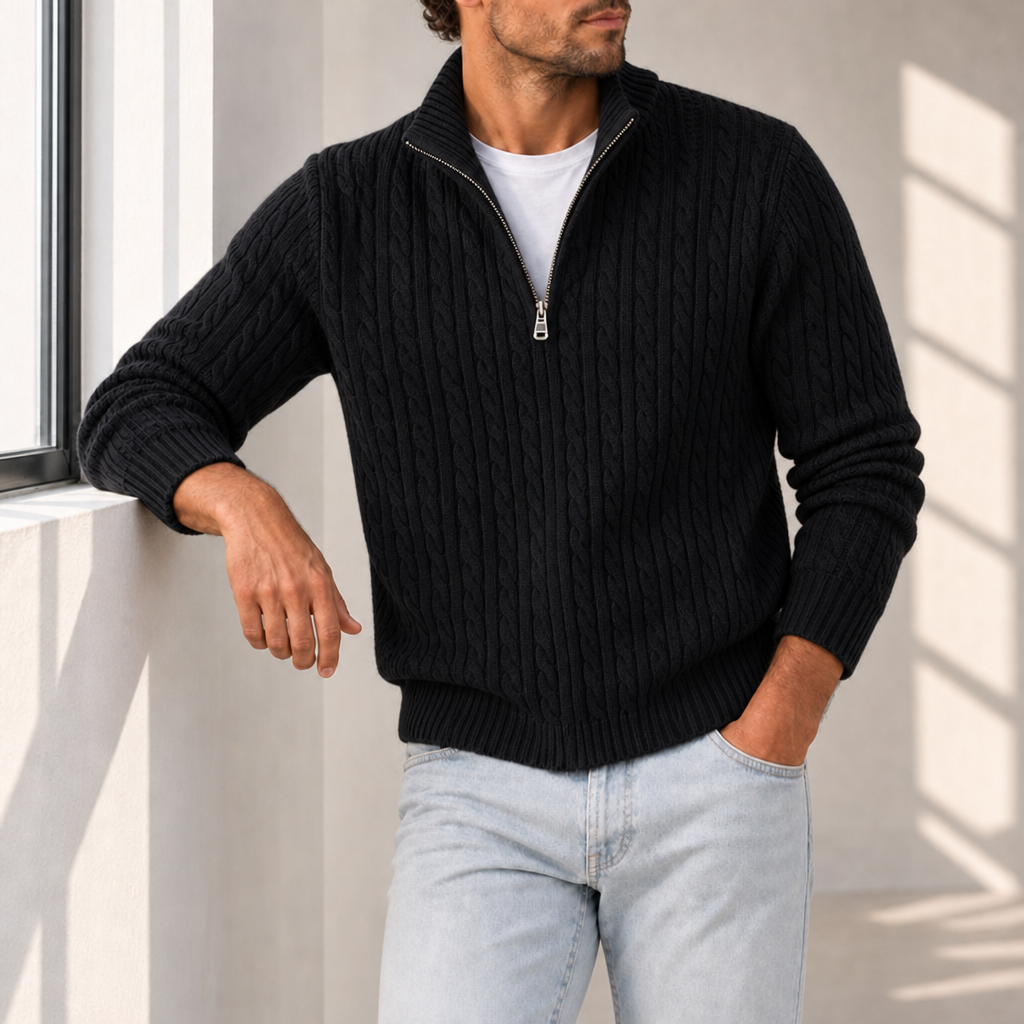 Ostuni Cable Knit Half-Zip Sweater in Black