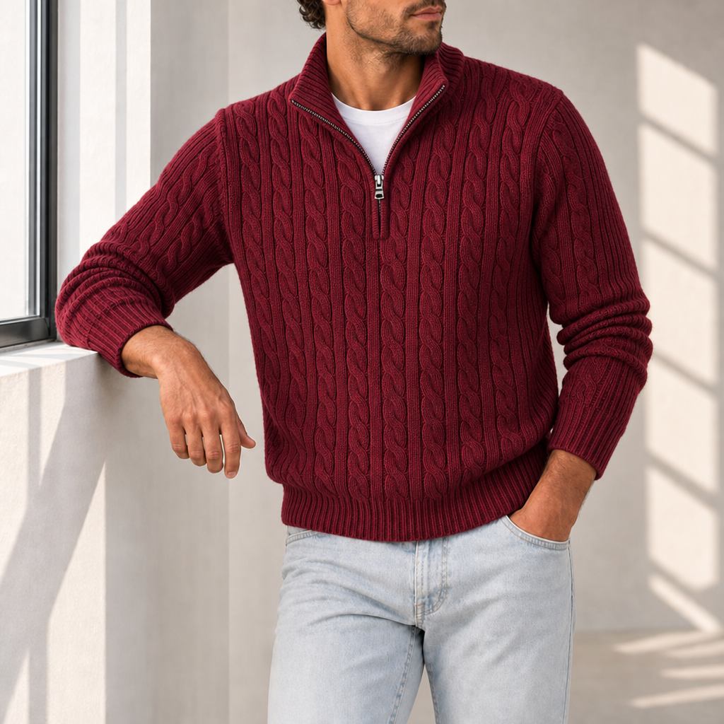Ostuni Cable Knit Half-Zip Sweater in Burgundy