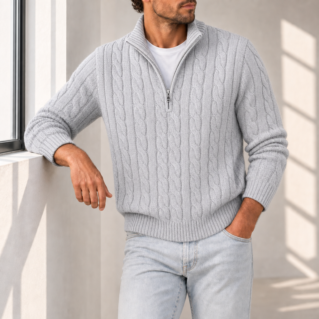 Ostuni Cable Knit Half-Zip Sweater in Gray