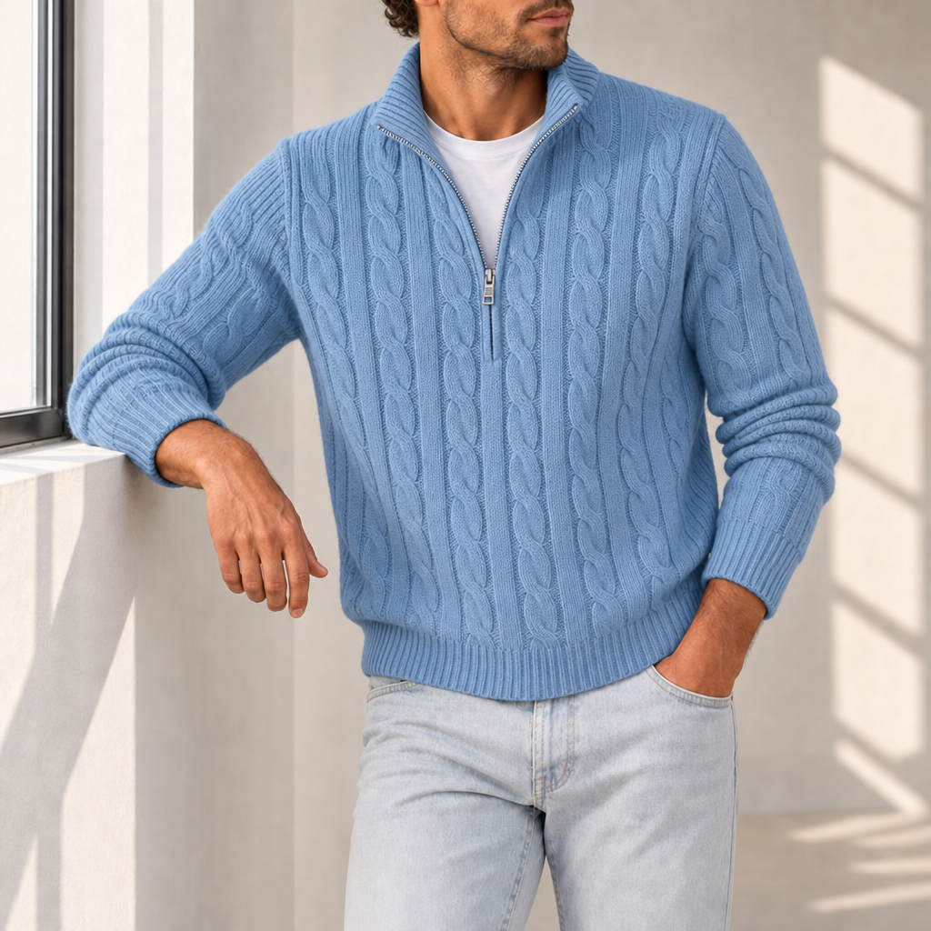 Ostuni Cable Knit Half-Zip Sweater in Light Blue