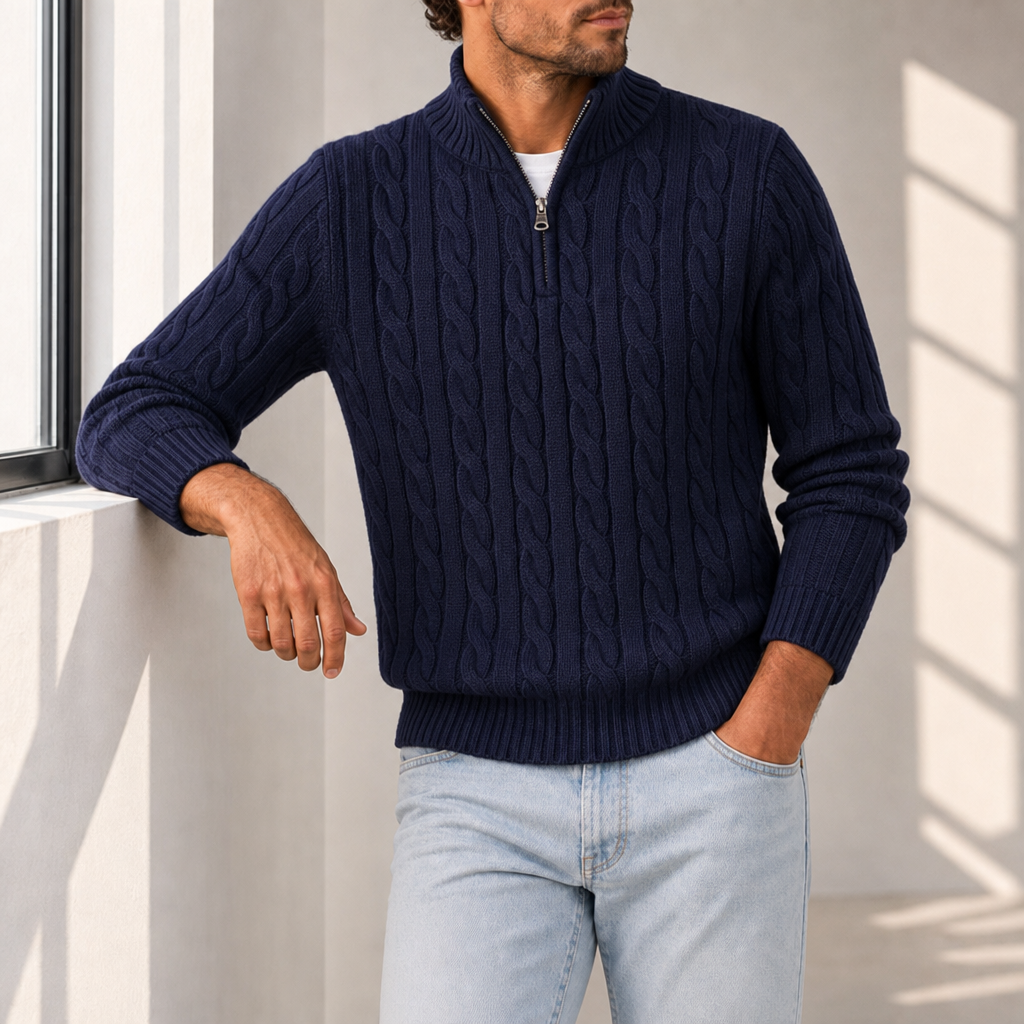 Ostuni Cable Knit Half-Zip Sweater in Marine