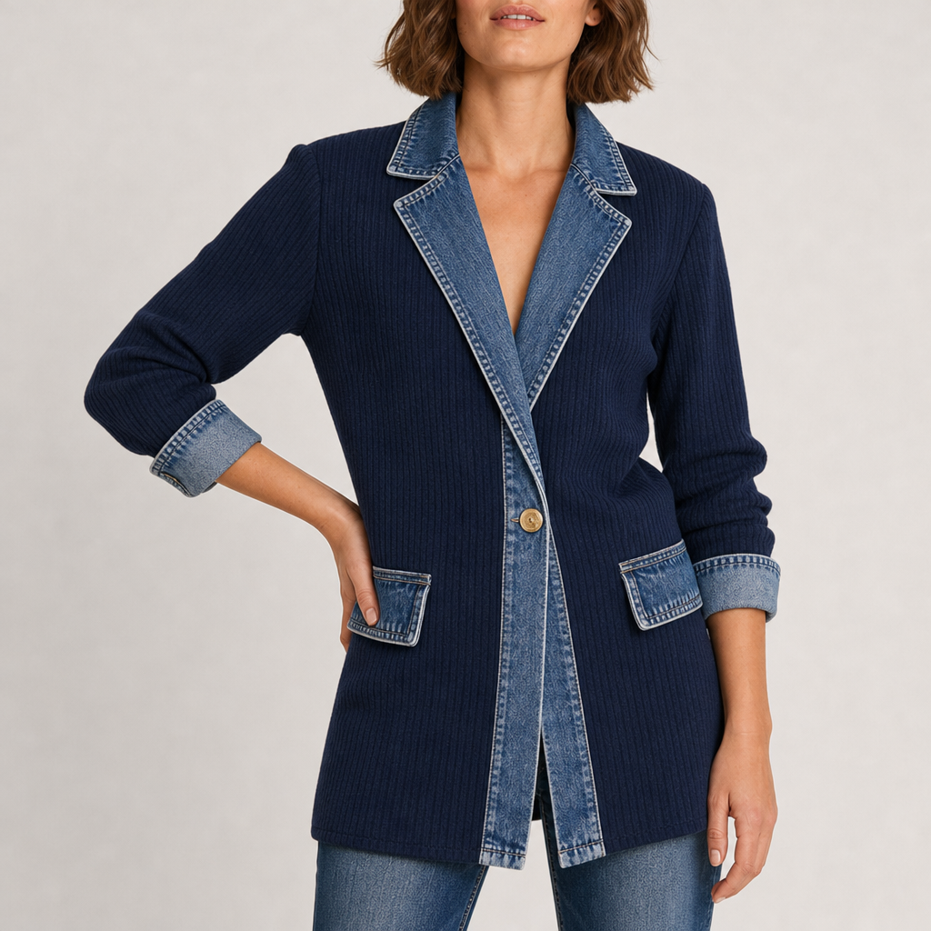 Paxos Denim Knit Mixed Jacket in Navy Blue