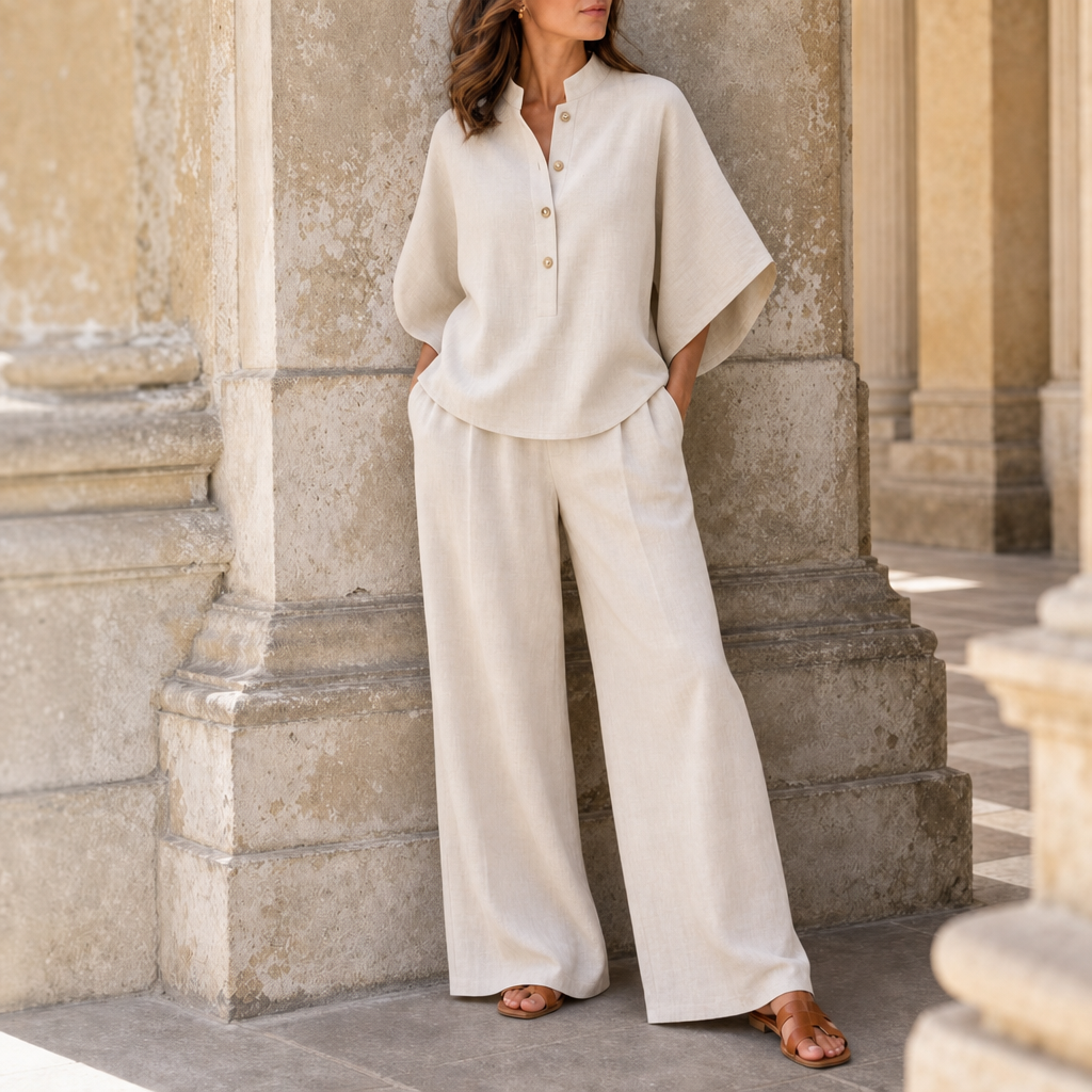 Peniscola Linen Wide-Leg Set in Beige