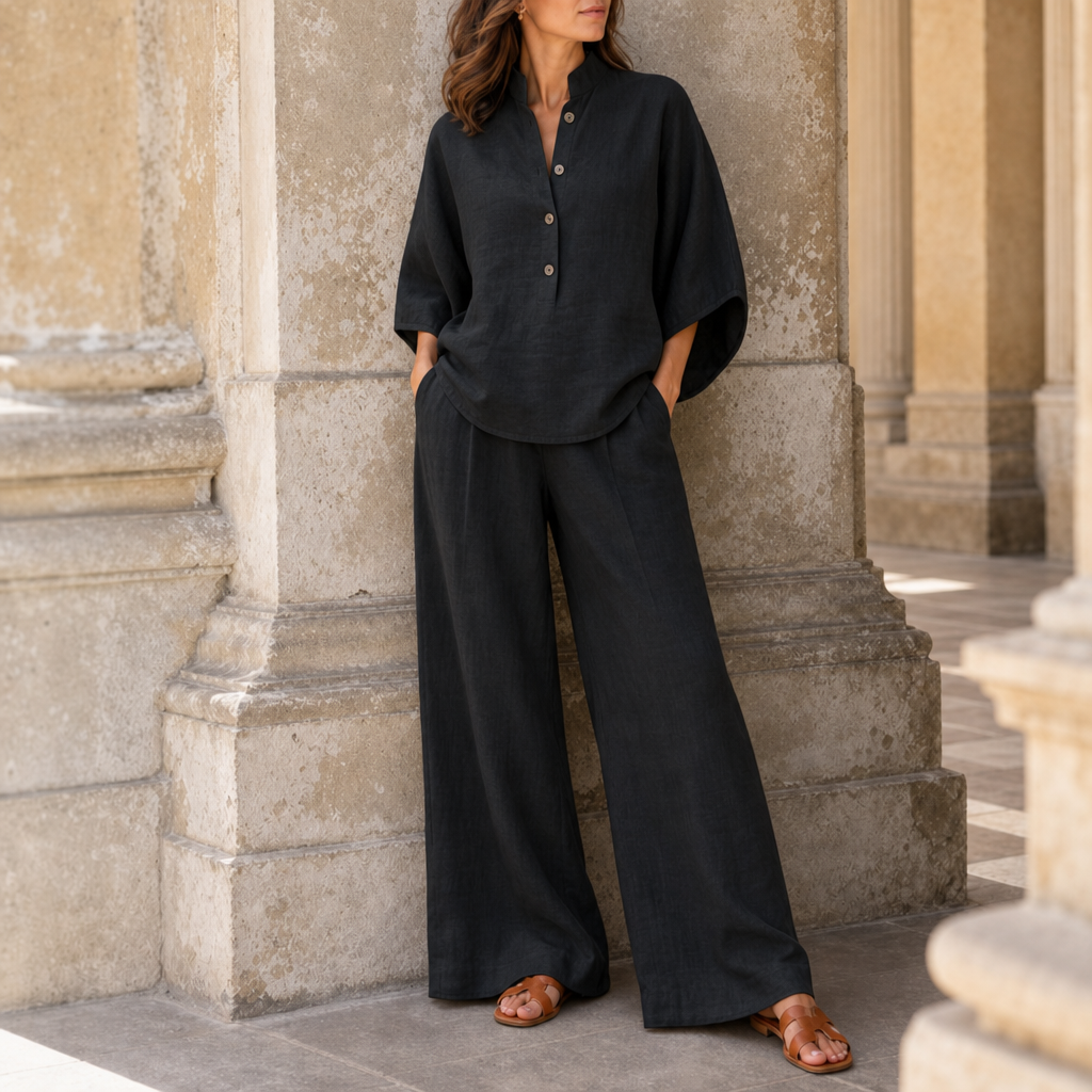Peniscola Linen Wide-Leg Set in Black