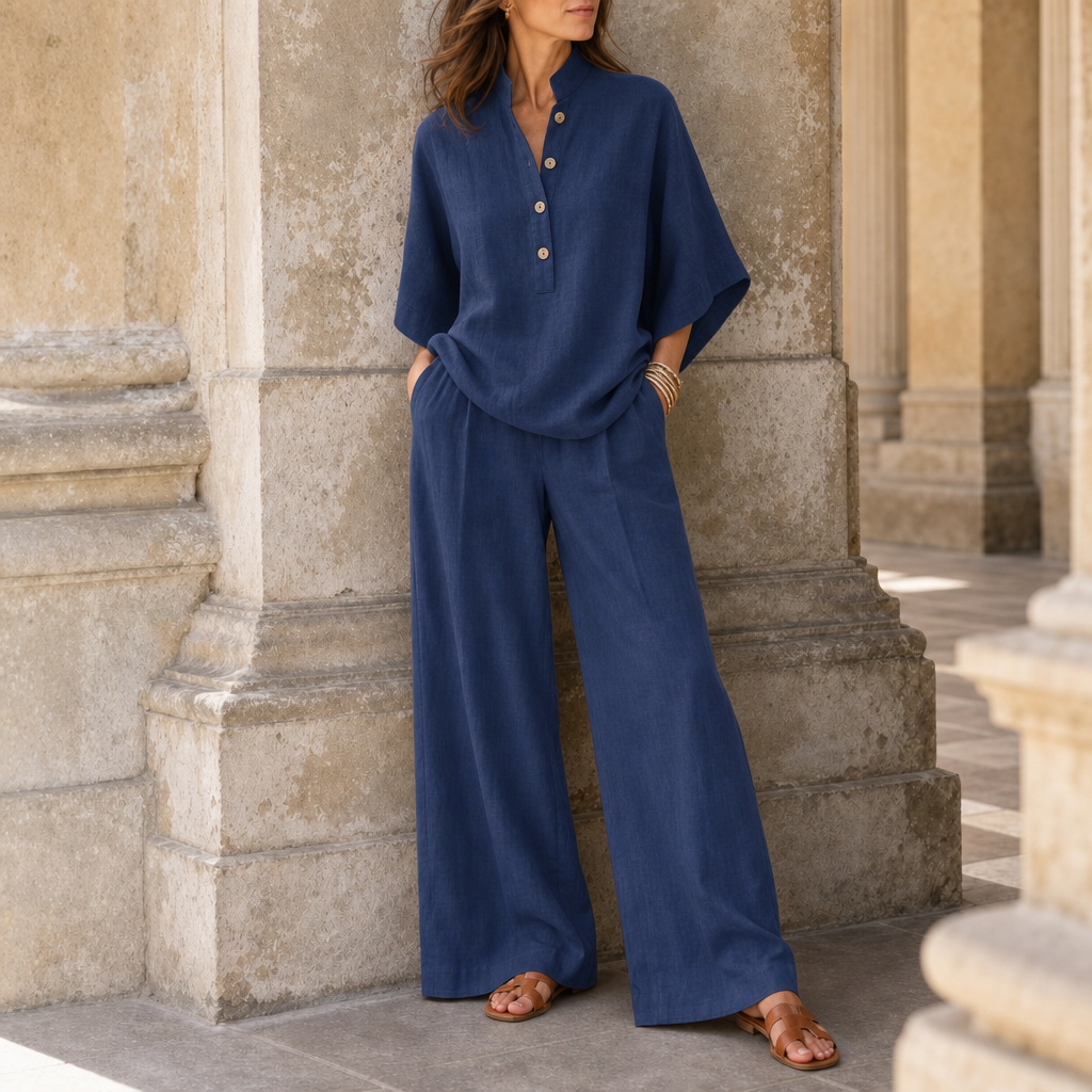 Peniscola Linen Wide-Leg Set in Navy Blue