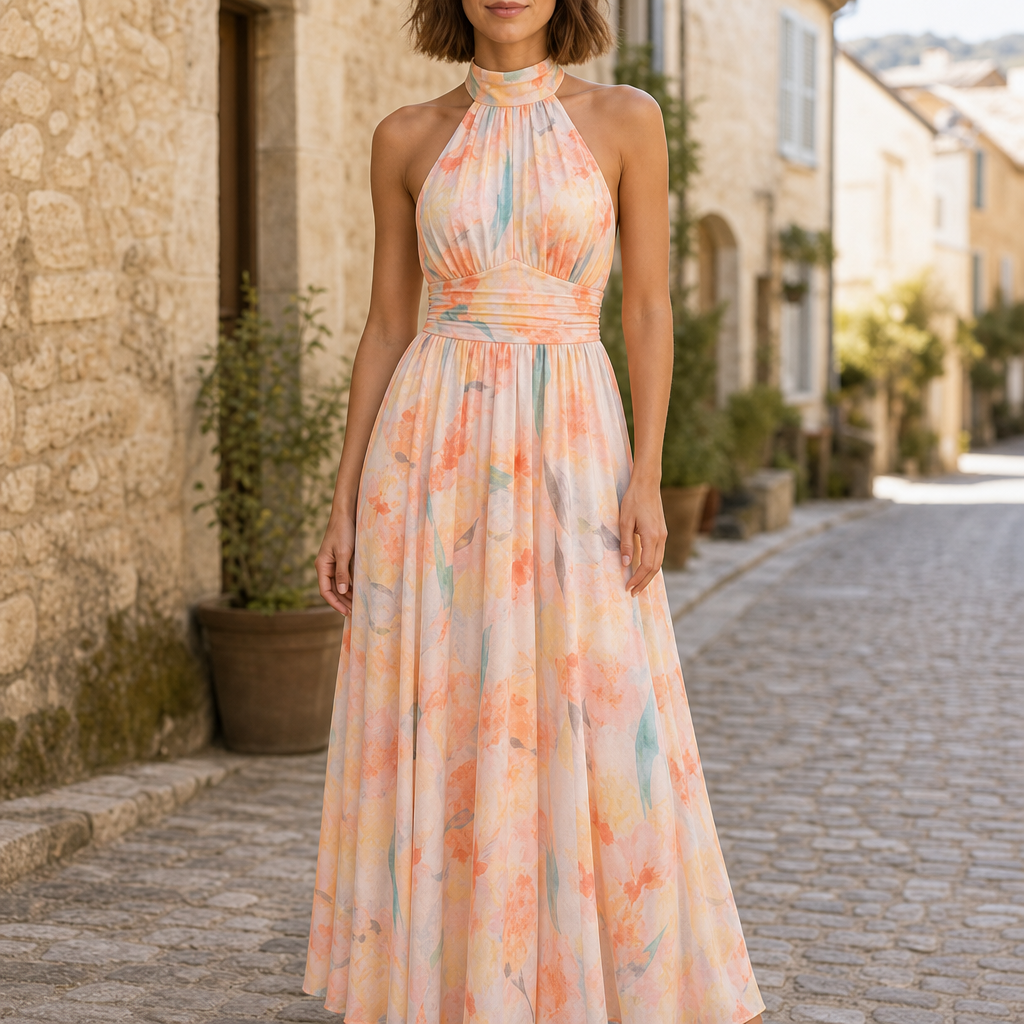 Piodao Floral Halter Maxi Dress in Peach