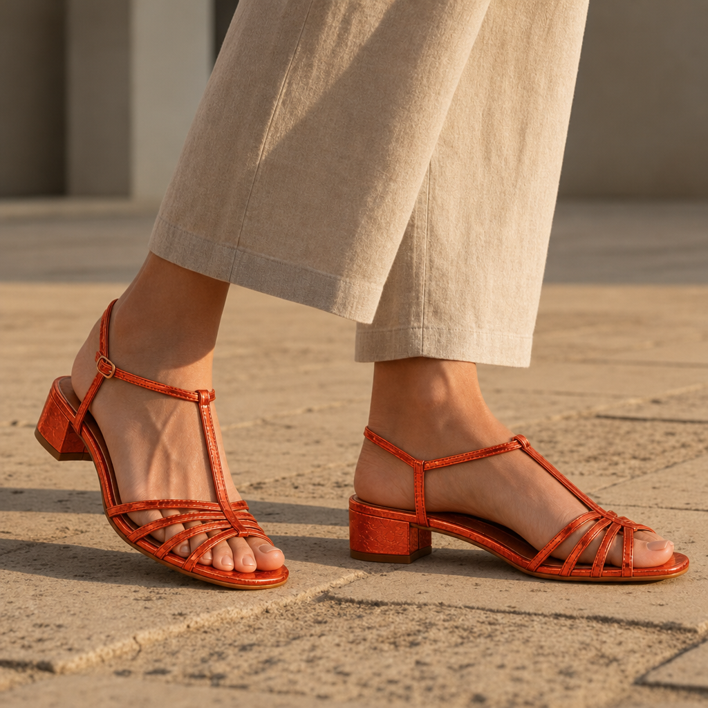 Polignano Orthopedic Gold T-Strap Sandals in Orange