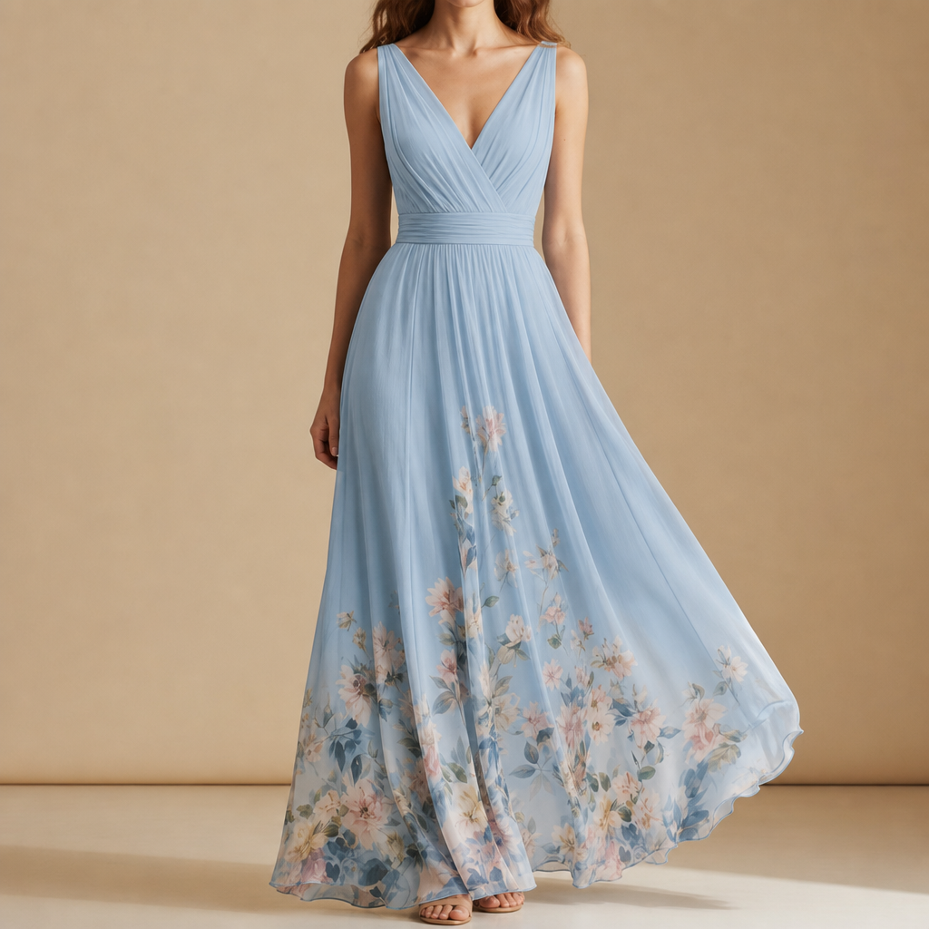 Porquerolles Floral Chiffon Maxi Dress in Light Blue