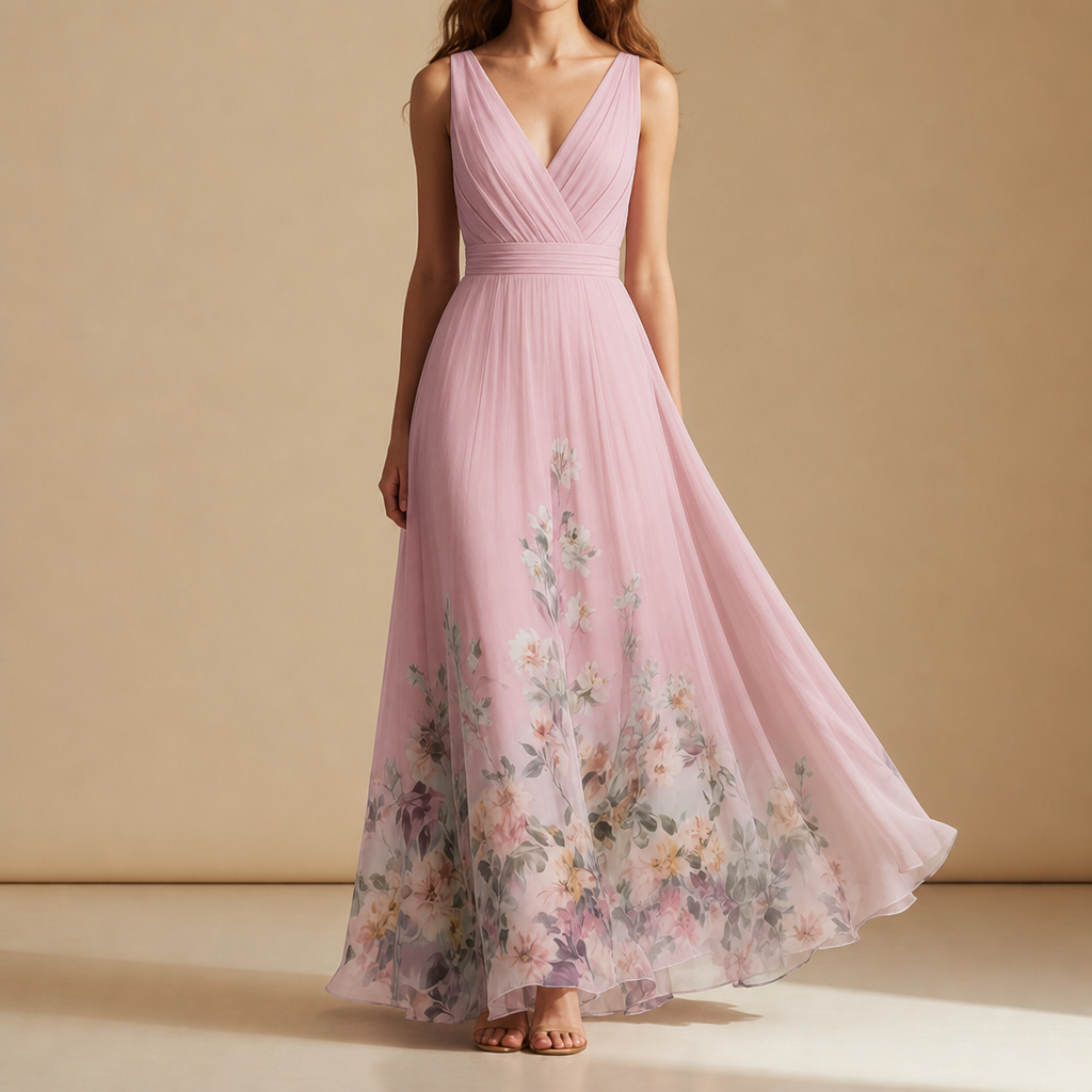 Porquerolles Floral Chiffon Maxi Dress in Pink
