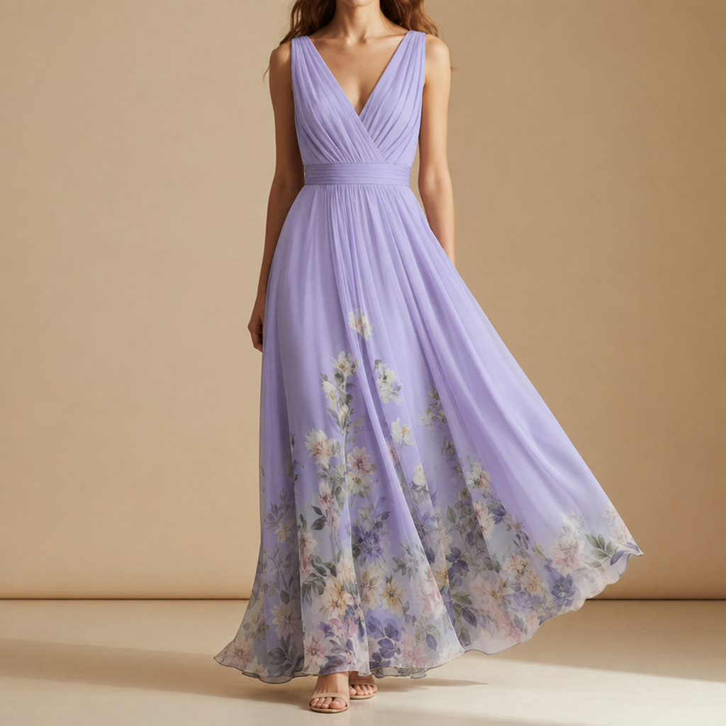 Porquerolles Floral Chiffon Maxi Dress in Purple