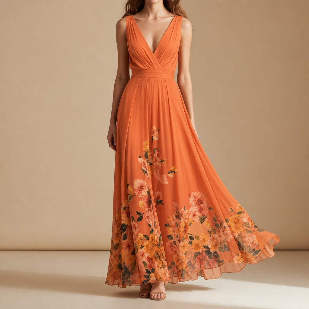 Porquerolles Floral Chiffon Maxi Dress in Orange
