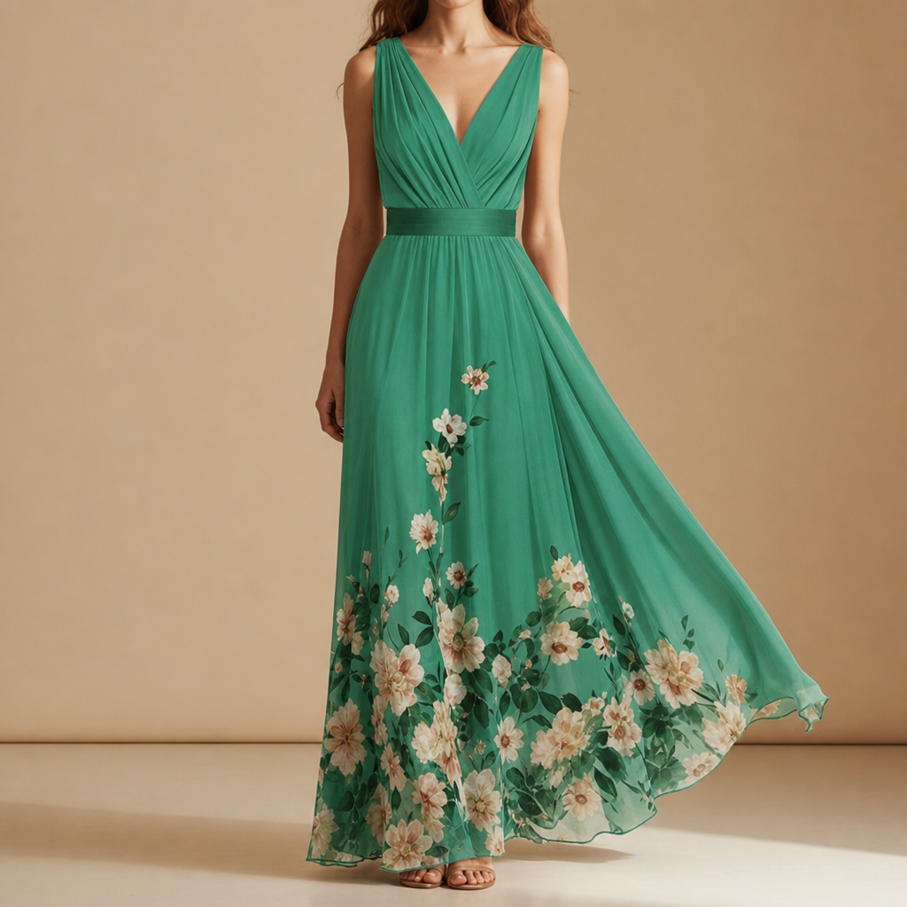 Porquerolles Floral Chiffon Maxi Dress in Green