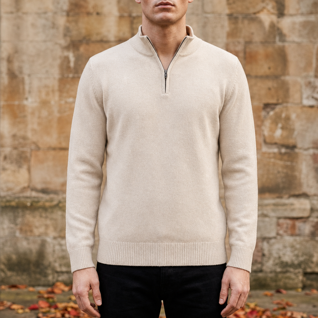 Portovenere Quarter-Zip Cotton Sweater in Beige
