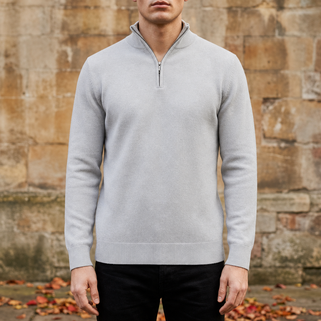 Portovenere Quarter-Zip Cotton Sweater in Light Gray