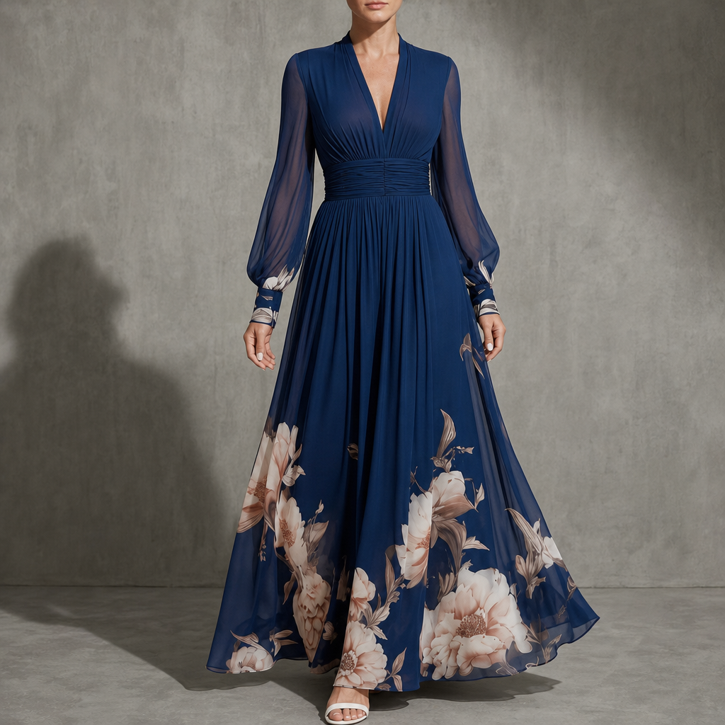 Pula Floral Pleated Maxi Dress in Navy