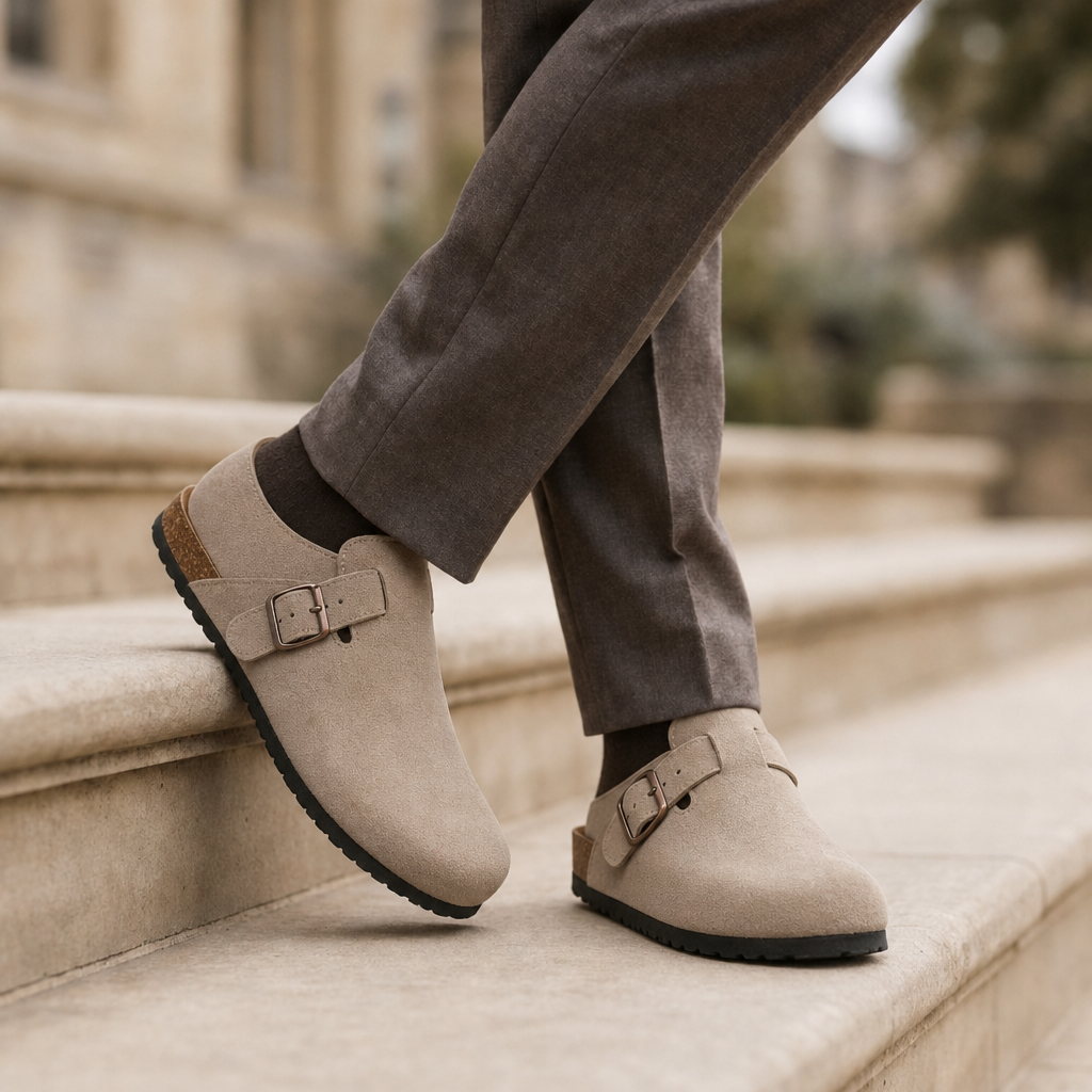 Pylos Suede Buckle Clogs in Beige