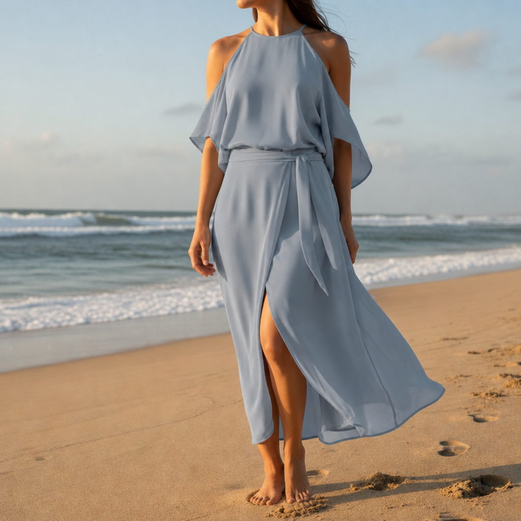 Rapallo Cold Shoulder Halter Dress in Gray