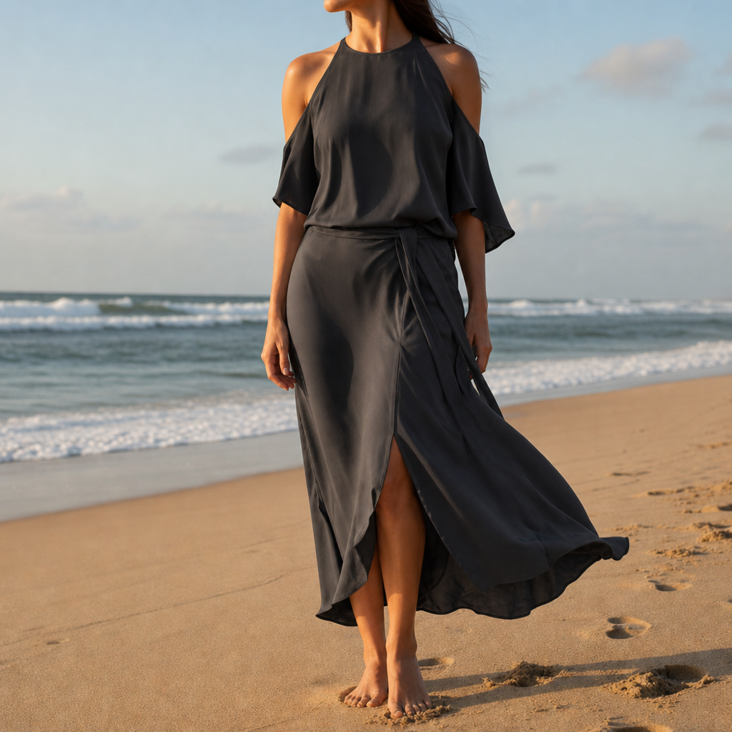 Rapallo Cold Shoulder Halter Dress in Black