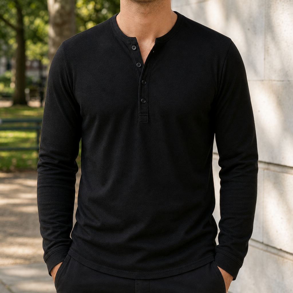 Samos Slim Fit Henley Shirt in Black