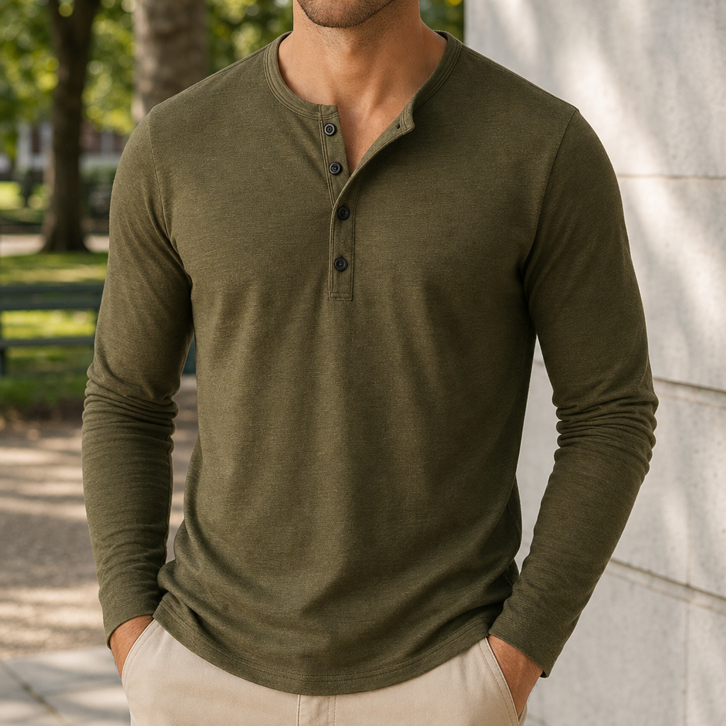 Samos Slim Fit Henley Shirt in Olive Green