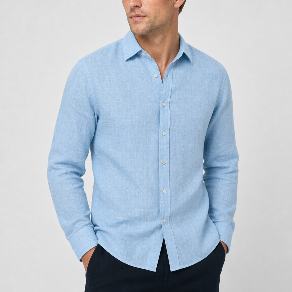 Santander Linen Button-Up Shirt in Blue
