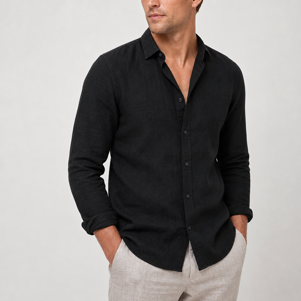 Santander Linen Button-Up Shirt in Black