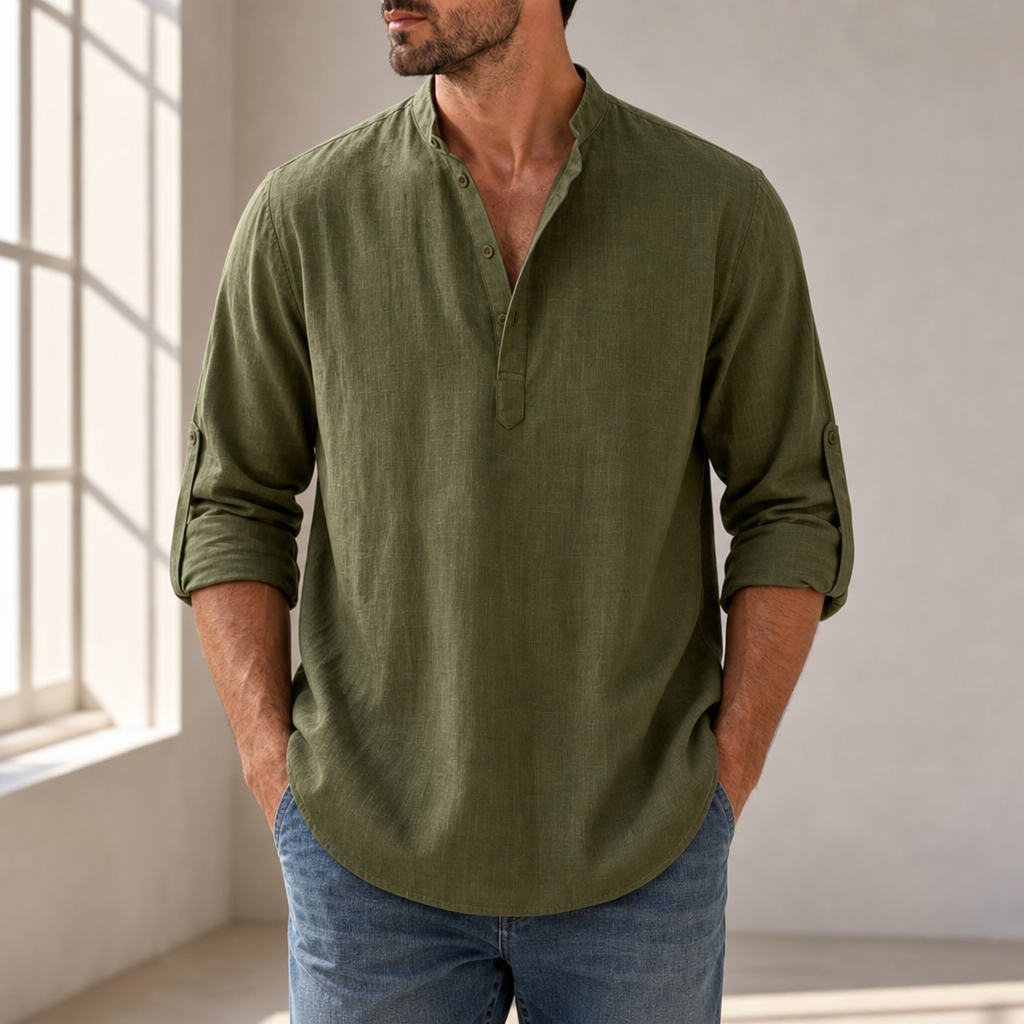 Santorini Linen Henley Shirt in Army Green