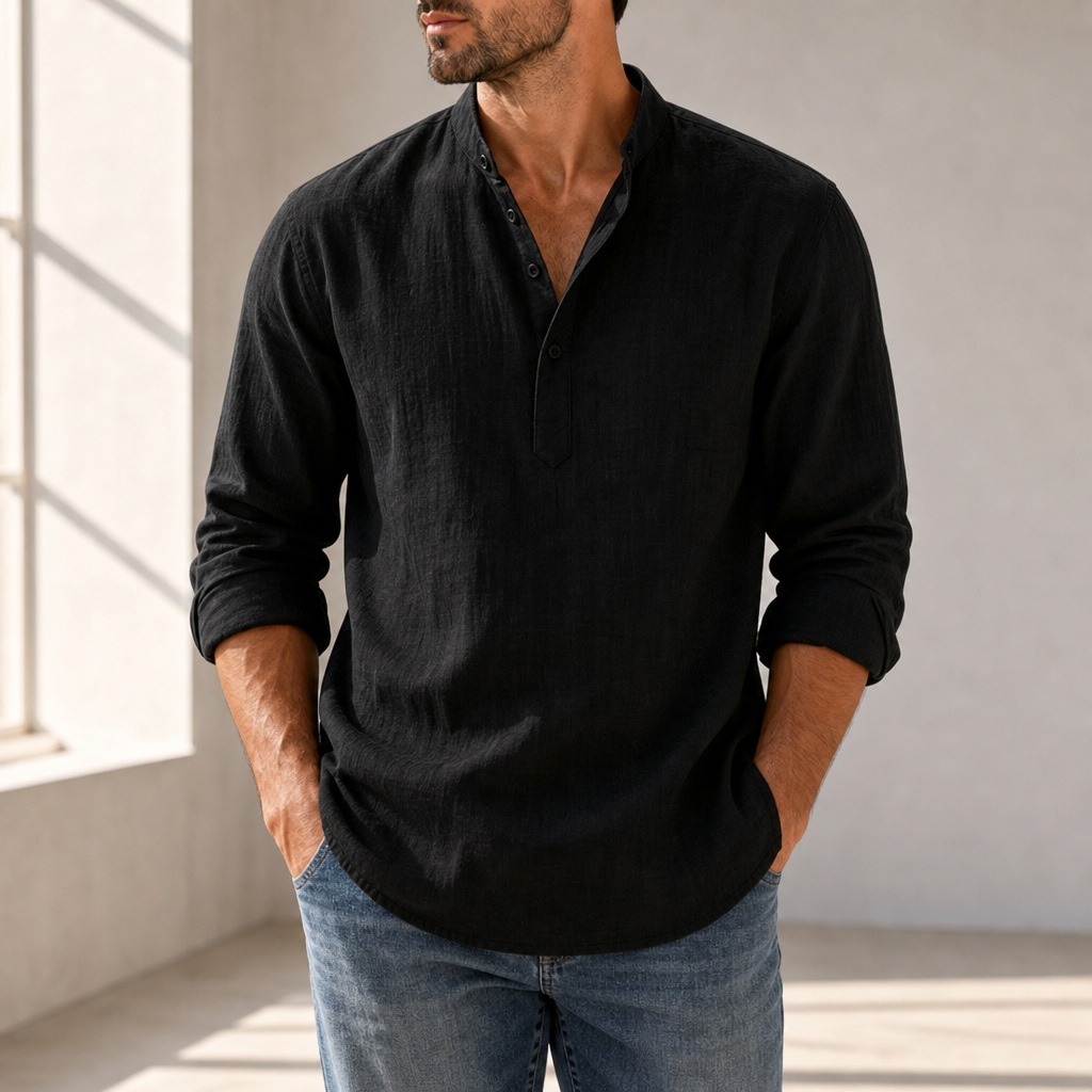 Santorini Linen Henley Shirt in Black