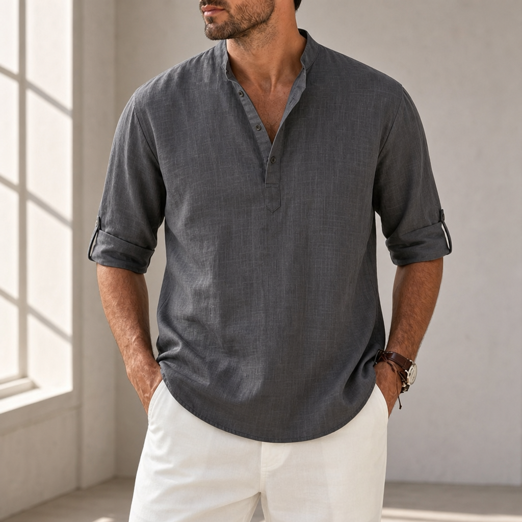 Santorini Linen Henley Shirt in Dark Gray