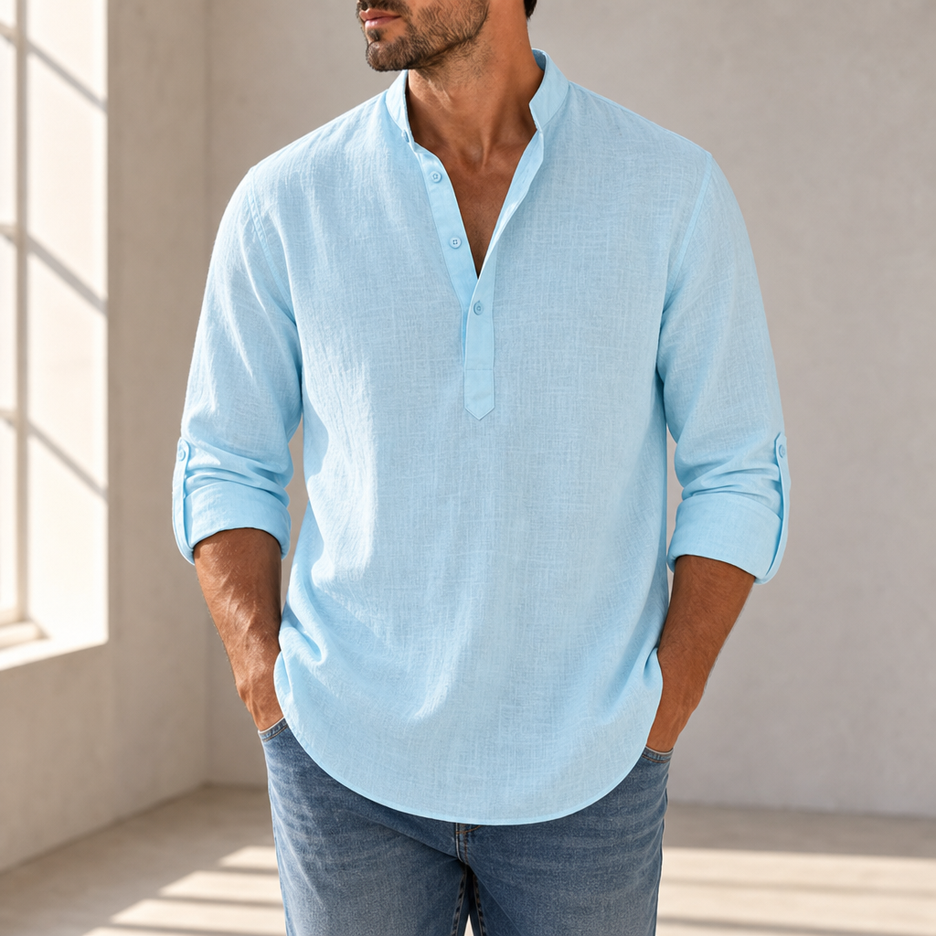 Santorini Linen Henley Shirt in Sky Blue