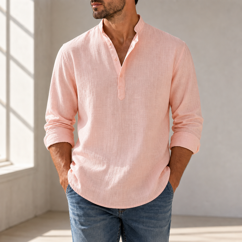 Santorini Linen Henley Shirt in Light Pink
