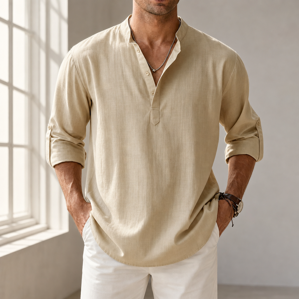 Santorini Linen Henley Shirt in Khaki