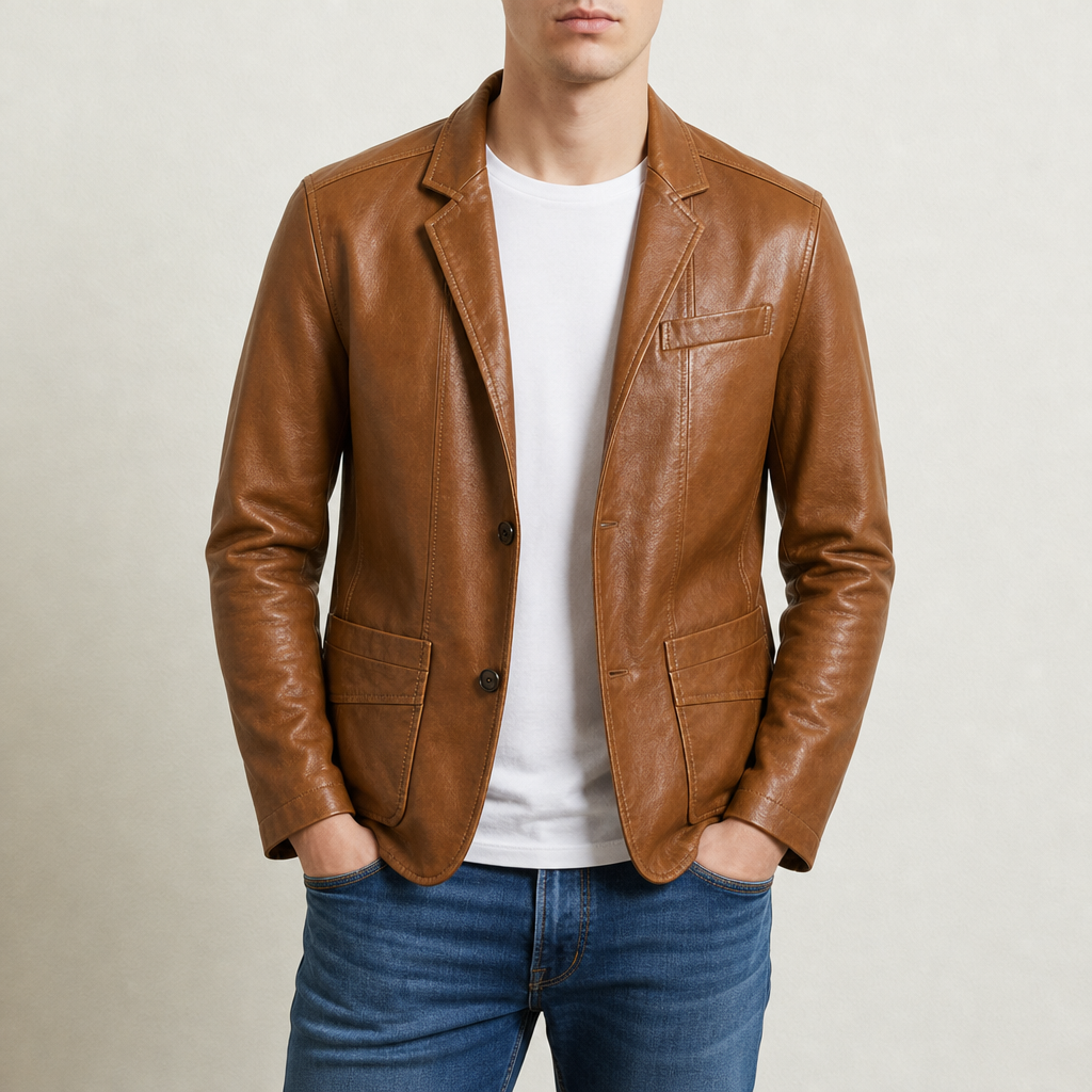 Sibenik Leather Blazer Jacket in Cognac Brown