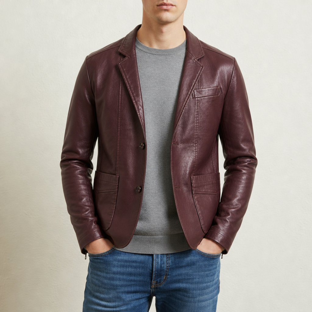 Sibenik Leather Blazer Jacket in Burgundy Red