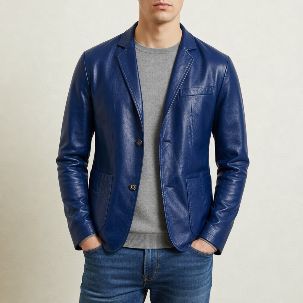 Sibenik Leather Blazer Jacket in Royal Blue