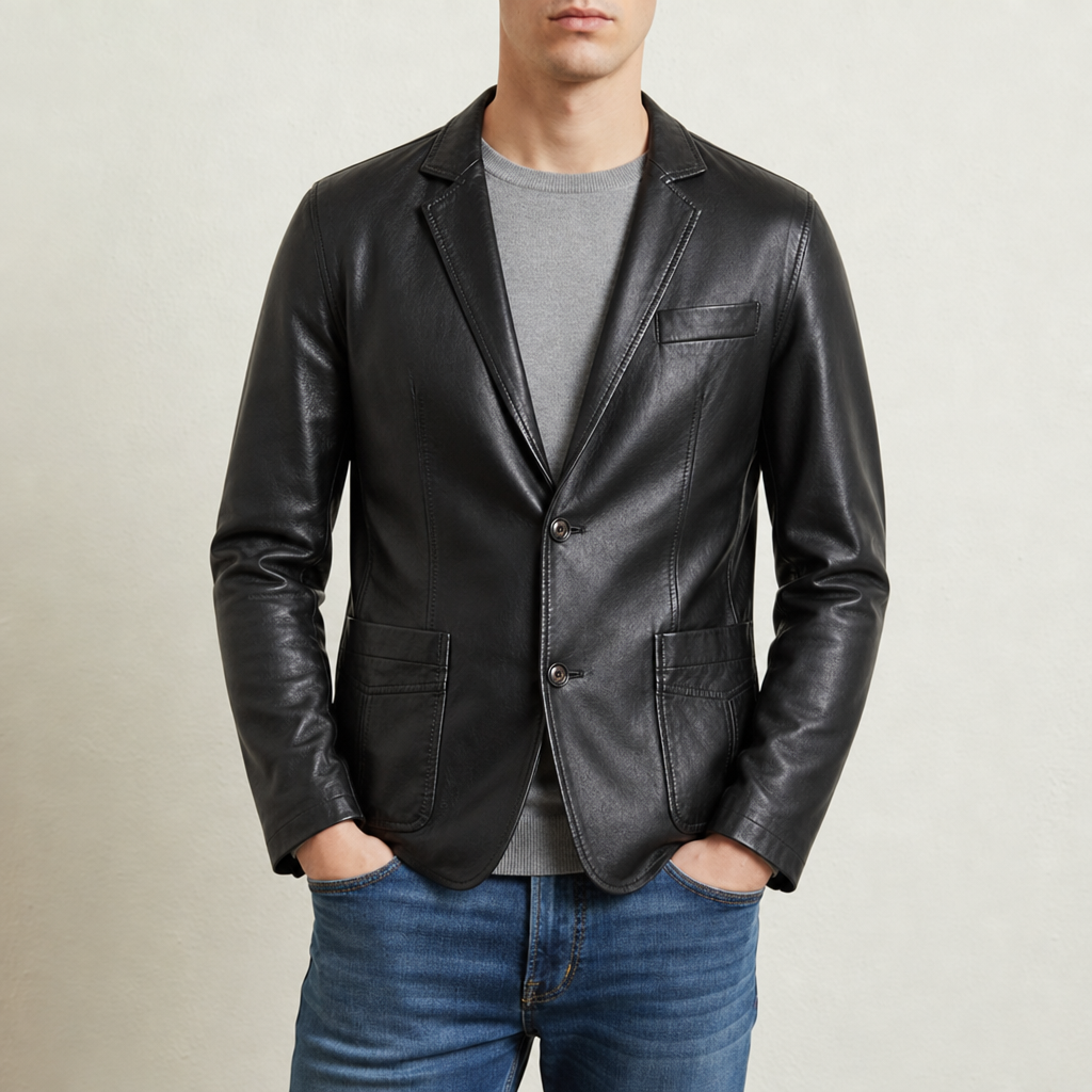Sibenik Leather Blazer Jacket in Obsidian Black