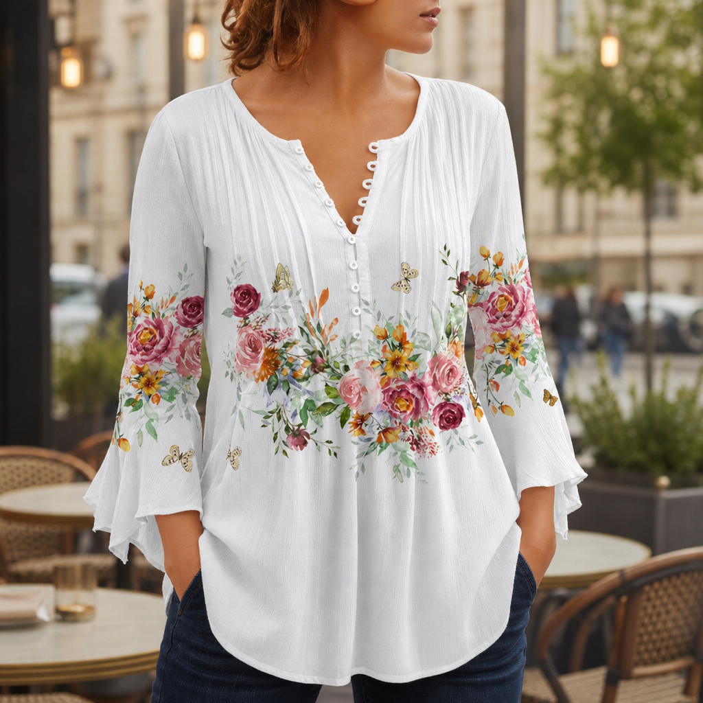 Siena Floral Button-Up Blouse in White with Flowers