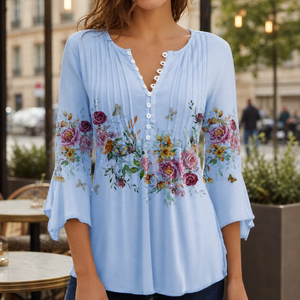 Siena Floral Button-Up Blouse in Sky Blue
