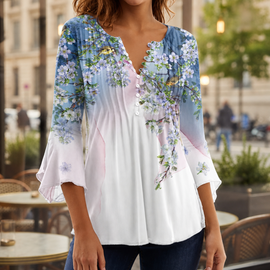 Siena Floral Button-Up Blouse in White-Blue