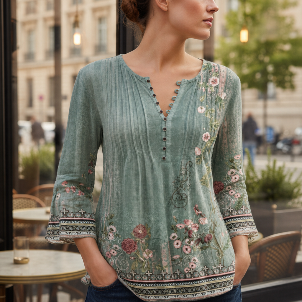 Siena Floral Button-Up Blouse in Green