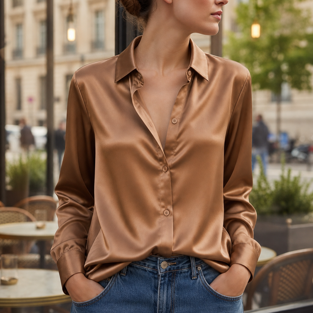 Sifnos Satin Button-Down Blouse in Coffee