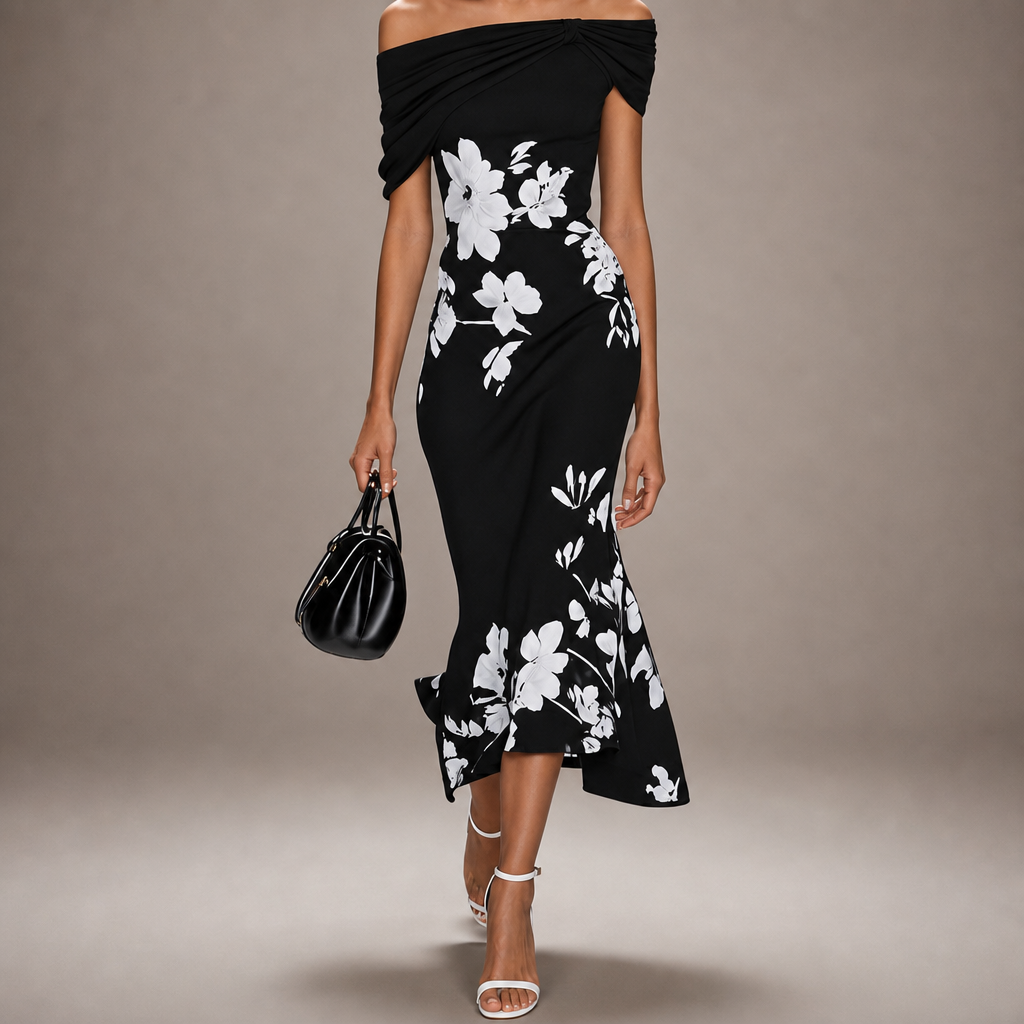 Skiathos Draped Floral Midi Dress in Black