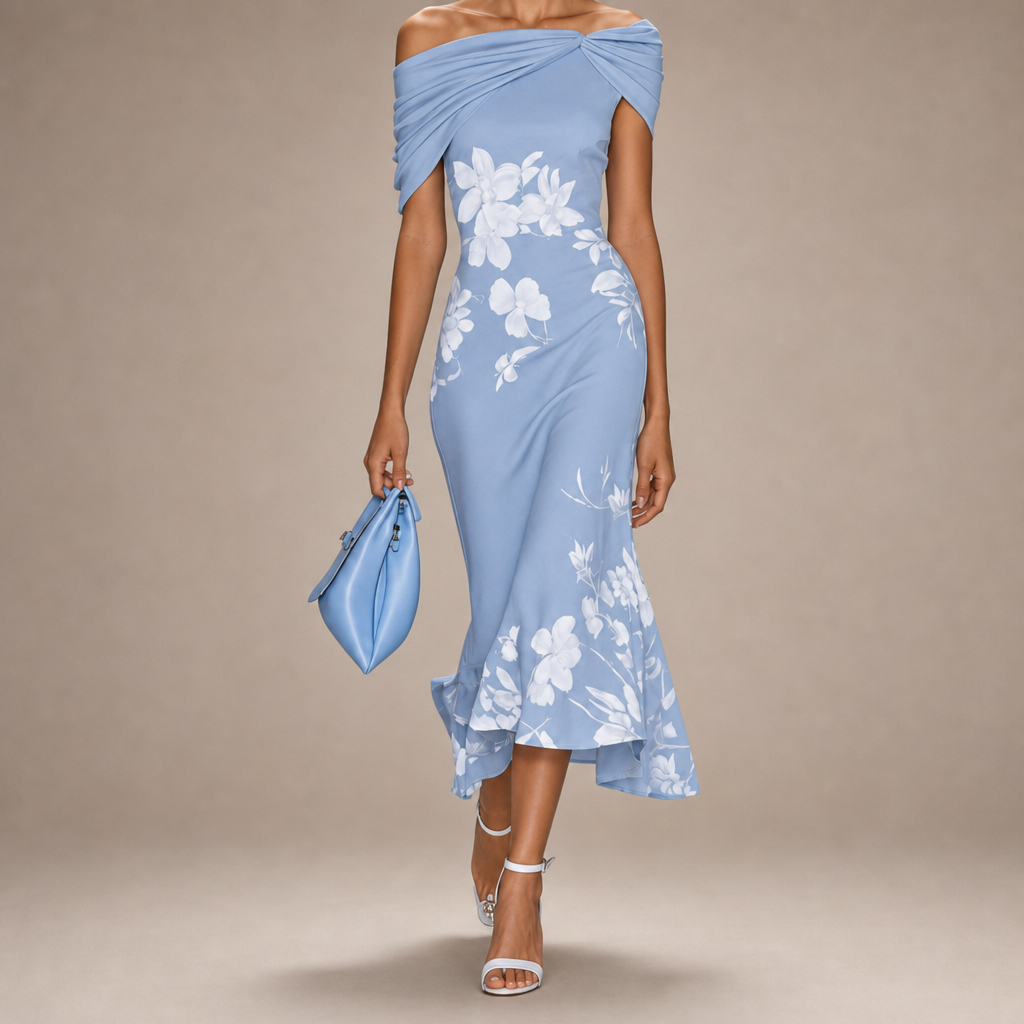 Skiathos Draped Floral Midi Dress in Blue