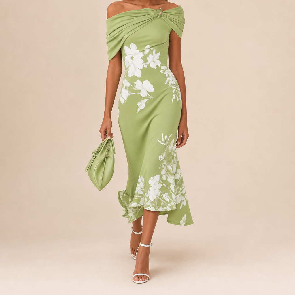 Skiathos Draped Floral Midi Dress in Green