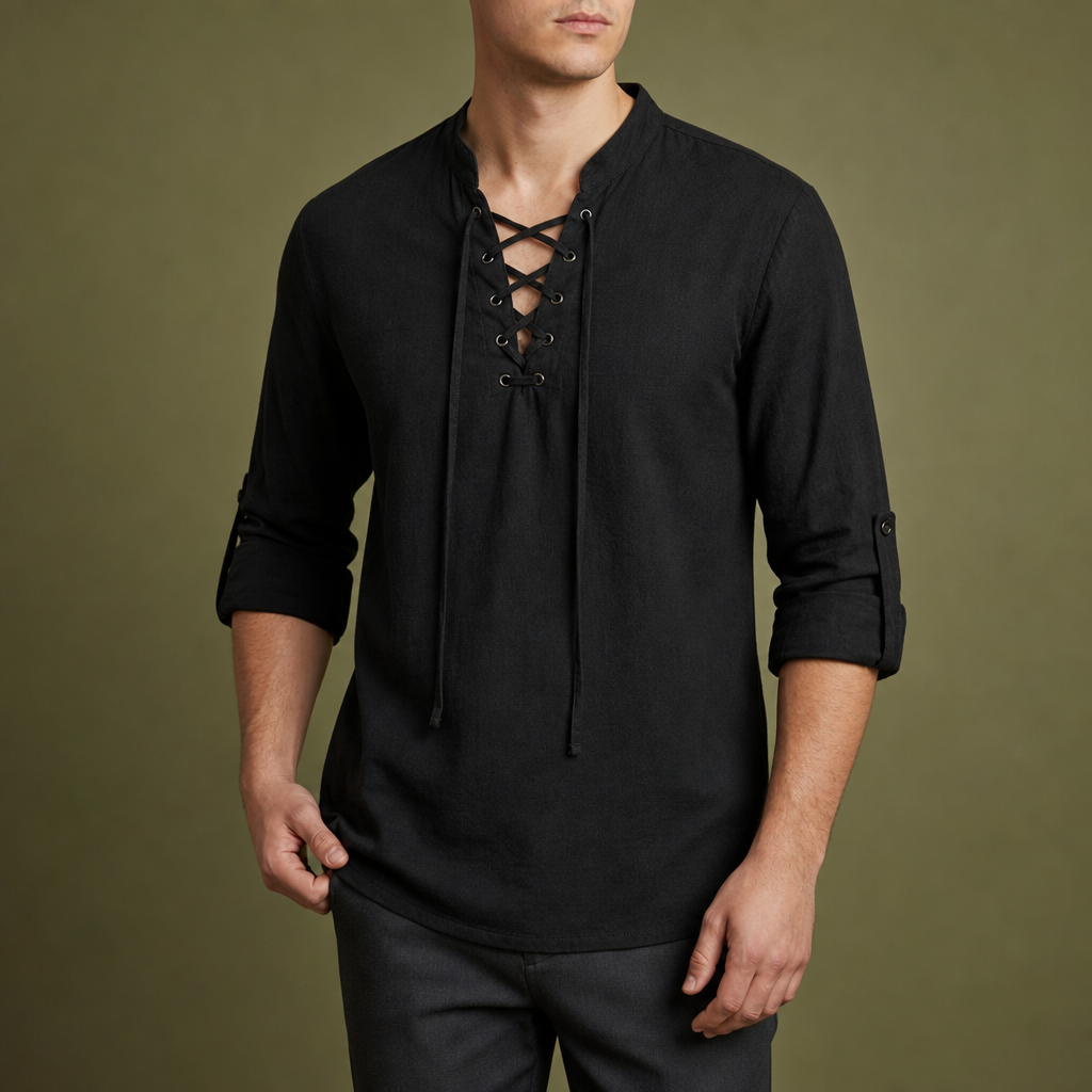 Skiathos Lace-Up Linen Shirt in Black