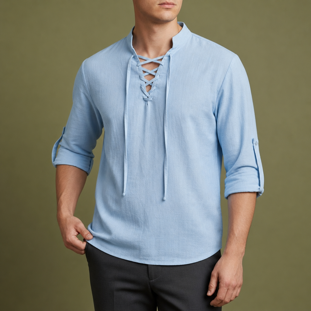 Skiathos Lace-Up Linen Shirt in Light Blue