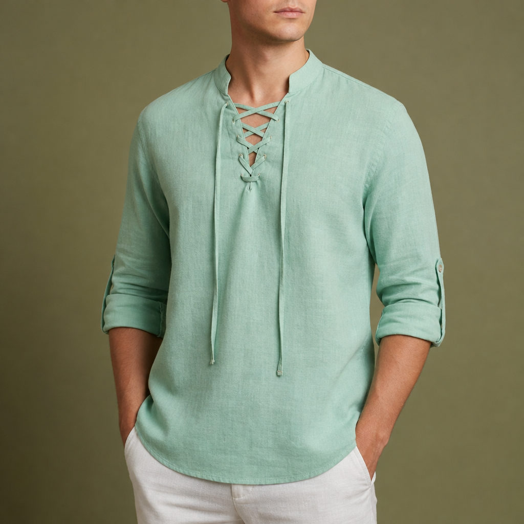 Skiathos Lace-Up Linen Shirt in Green